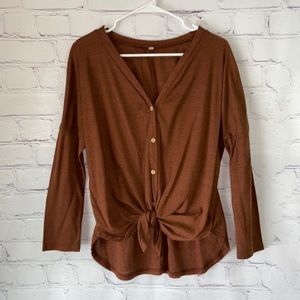 Brown Half Sleeve V-Neck Blouse w/Buttons and Tie